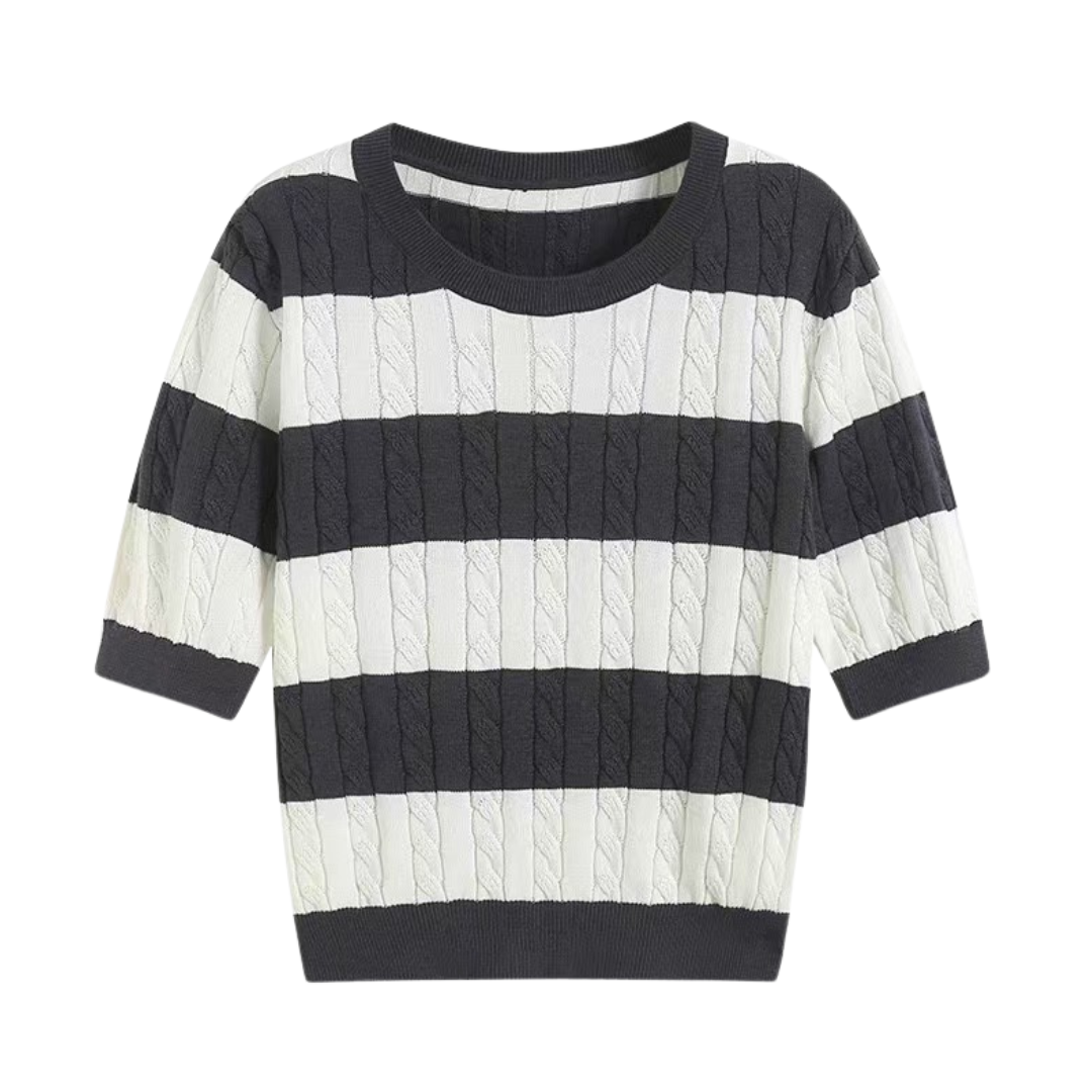 Crew Neck Cable Knit Striped T-Shirt