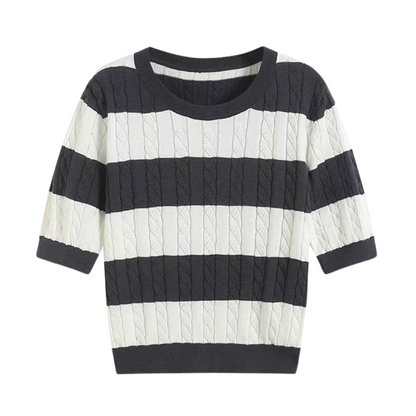 Crew Neck Cable Knit Striped T-Shirt